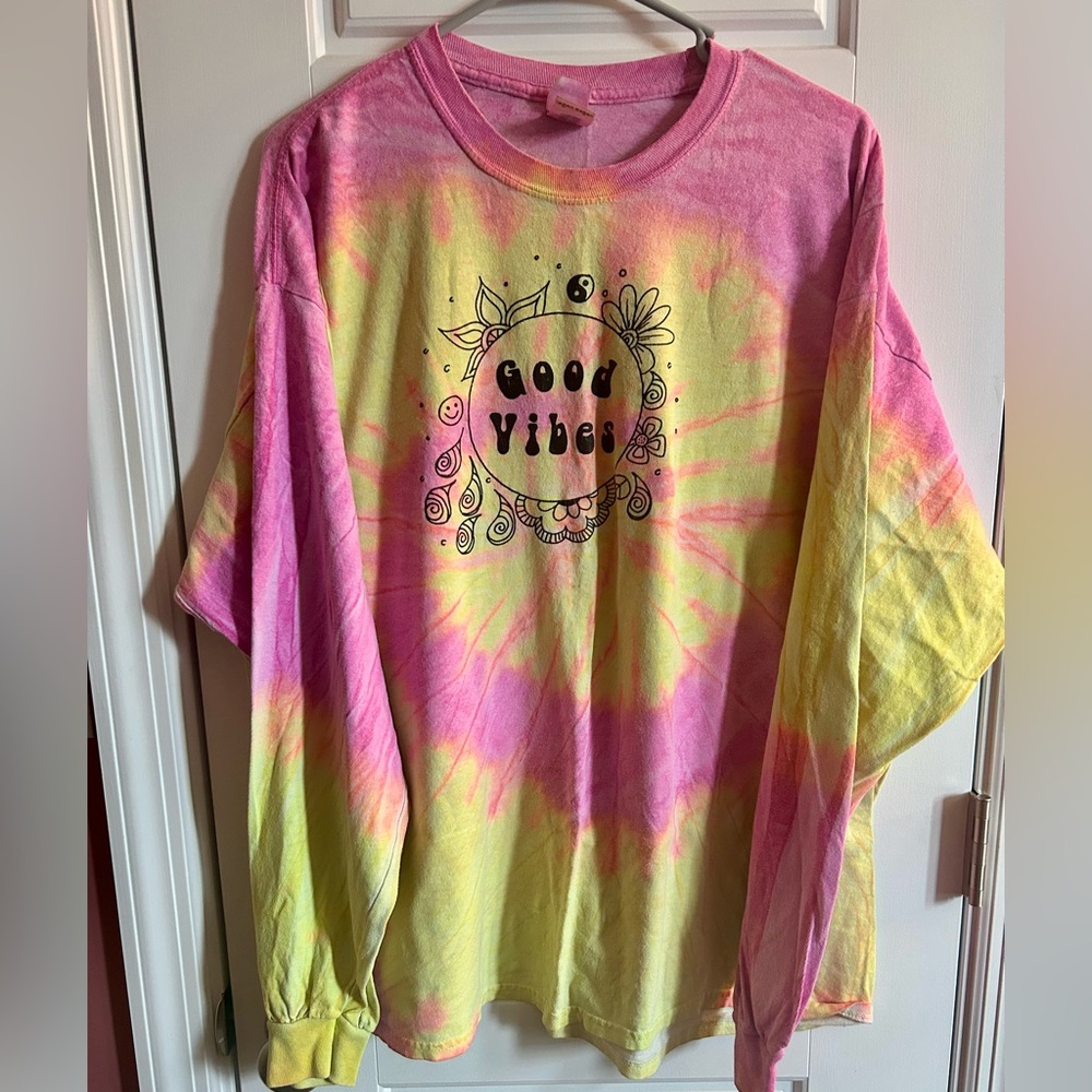 “Good Vibes" Colortone Neon Pink & Yellow Spiral Tie-Dye Long Sleeve T-Shirt